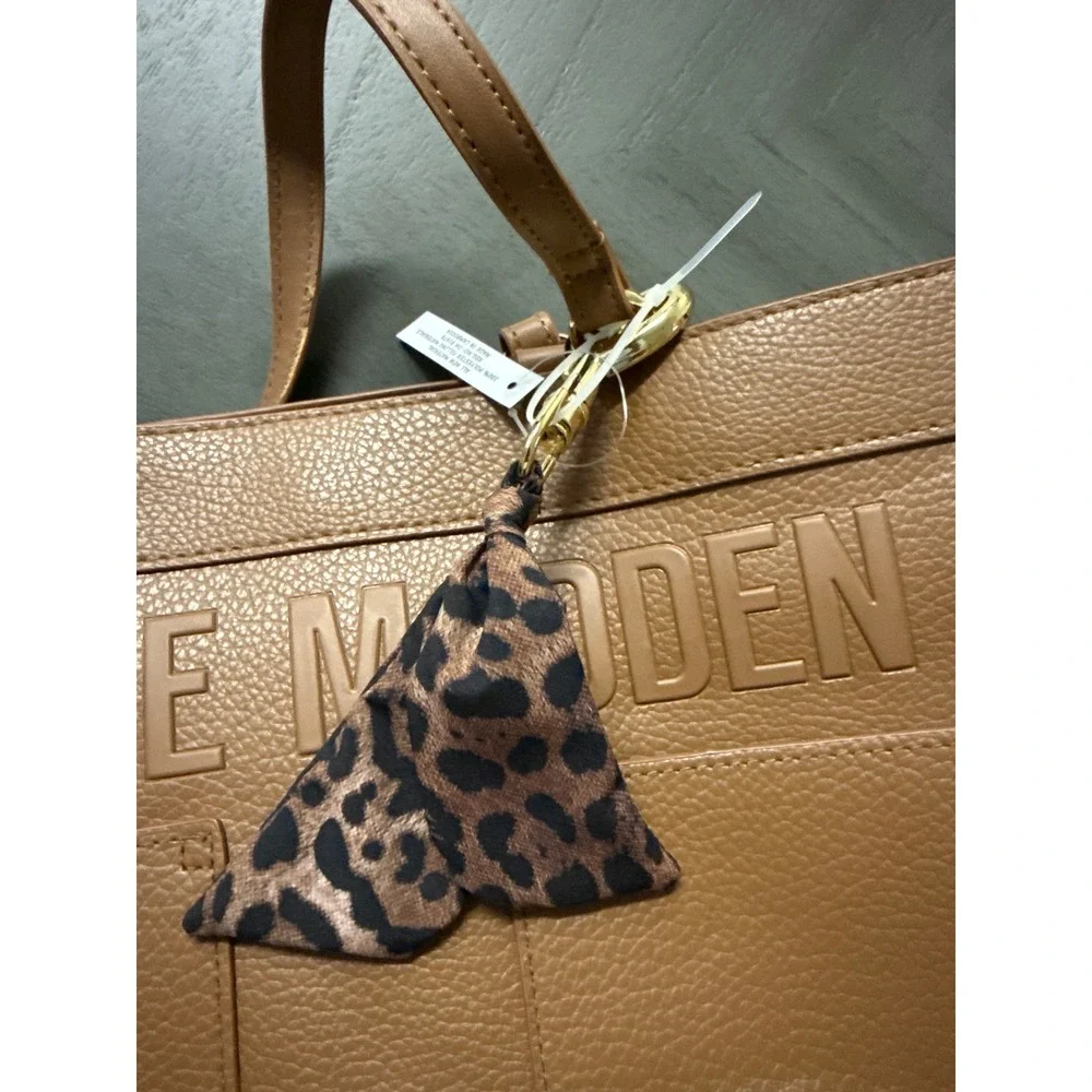 Steve‎ Madden Cognac Brown Pebbled Tote Bag Leopard Print Lining Embossed Logo